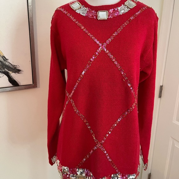 Crystal Kobe Red Jeweled Holiday Sweater Size Small - Picture 1 of 11